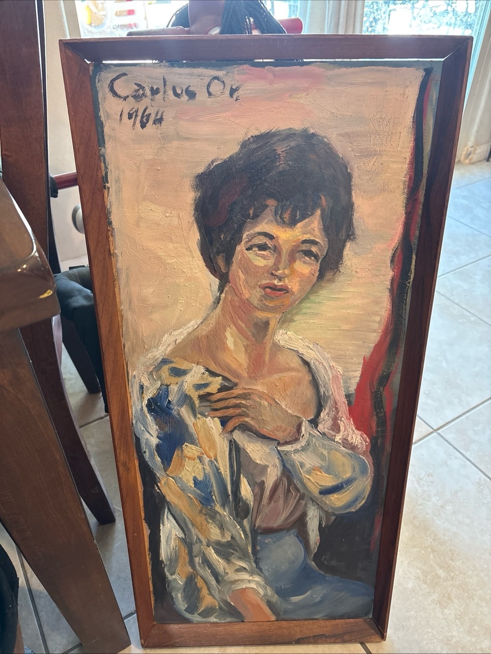 Vintage Framed Portrait Oil Painting in Brown Frame — Cream, Blue, Red